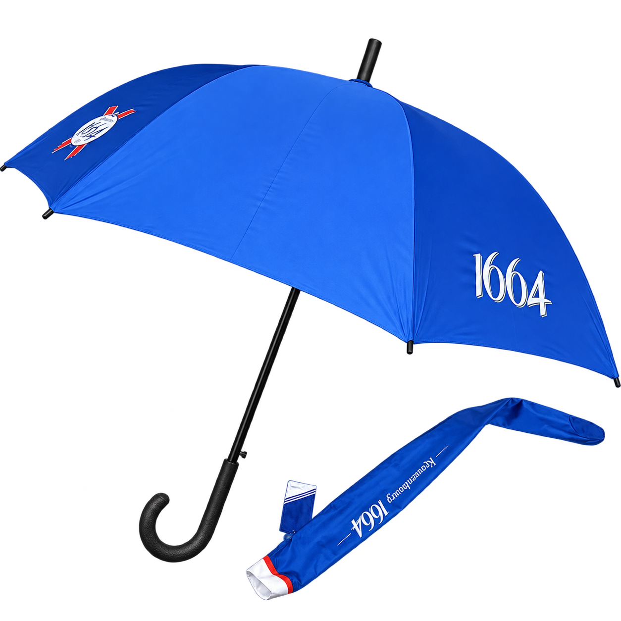 Blue Kronenbourg 1664 straight umbrella with matching branded sleeve