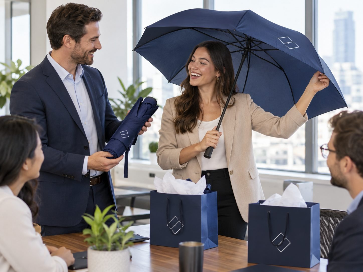 Branded umbrellas presented as corporate gifts in an office