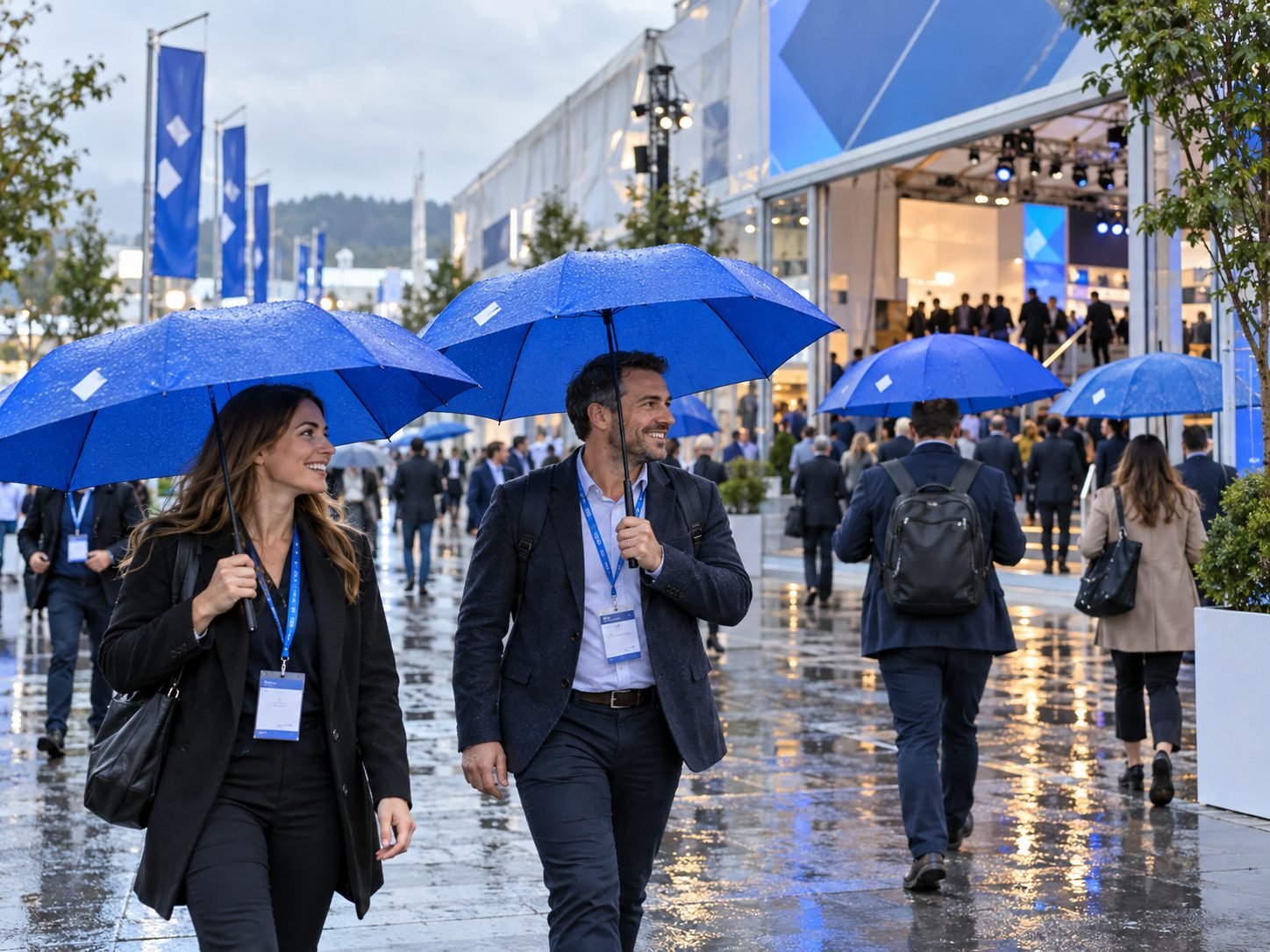 Attendees using branded umbrellas outdoors at a trade show