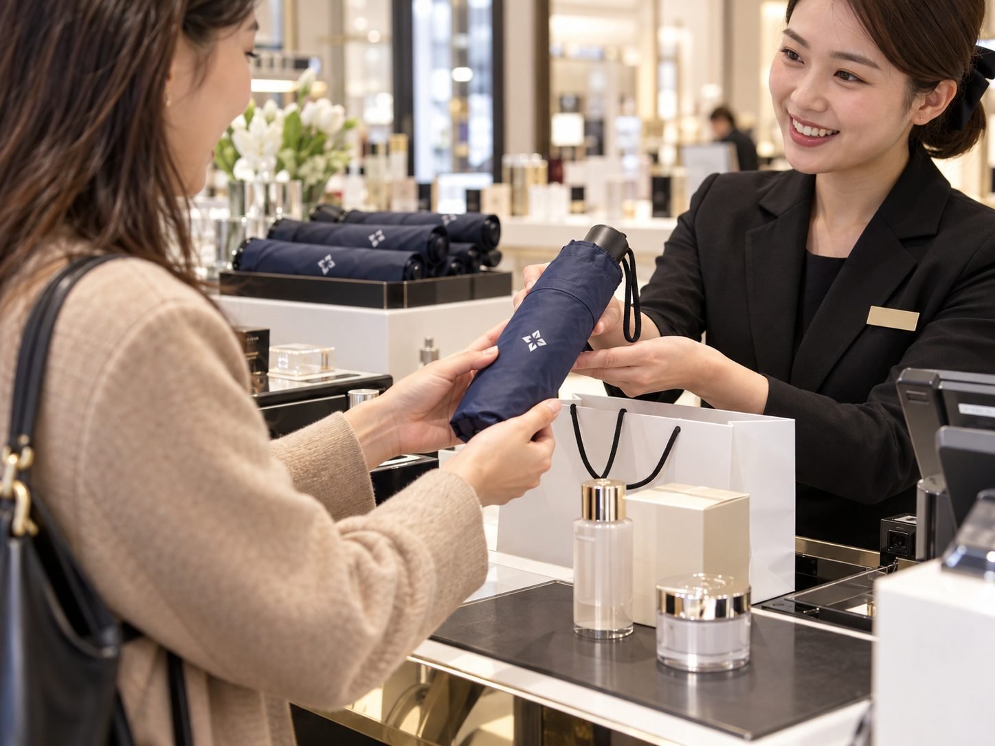 Store employee giving a branded umbrella with a customer purchase