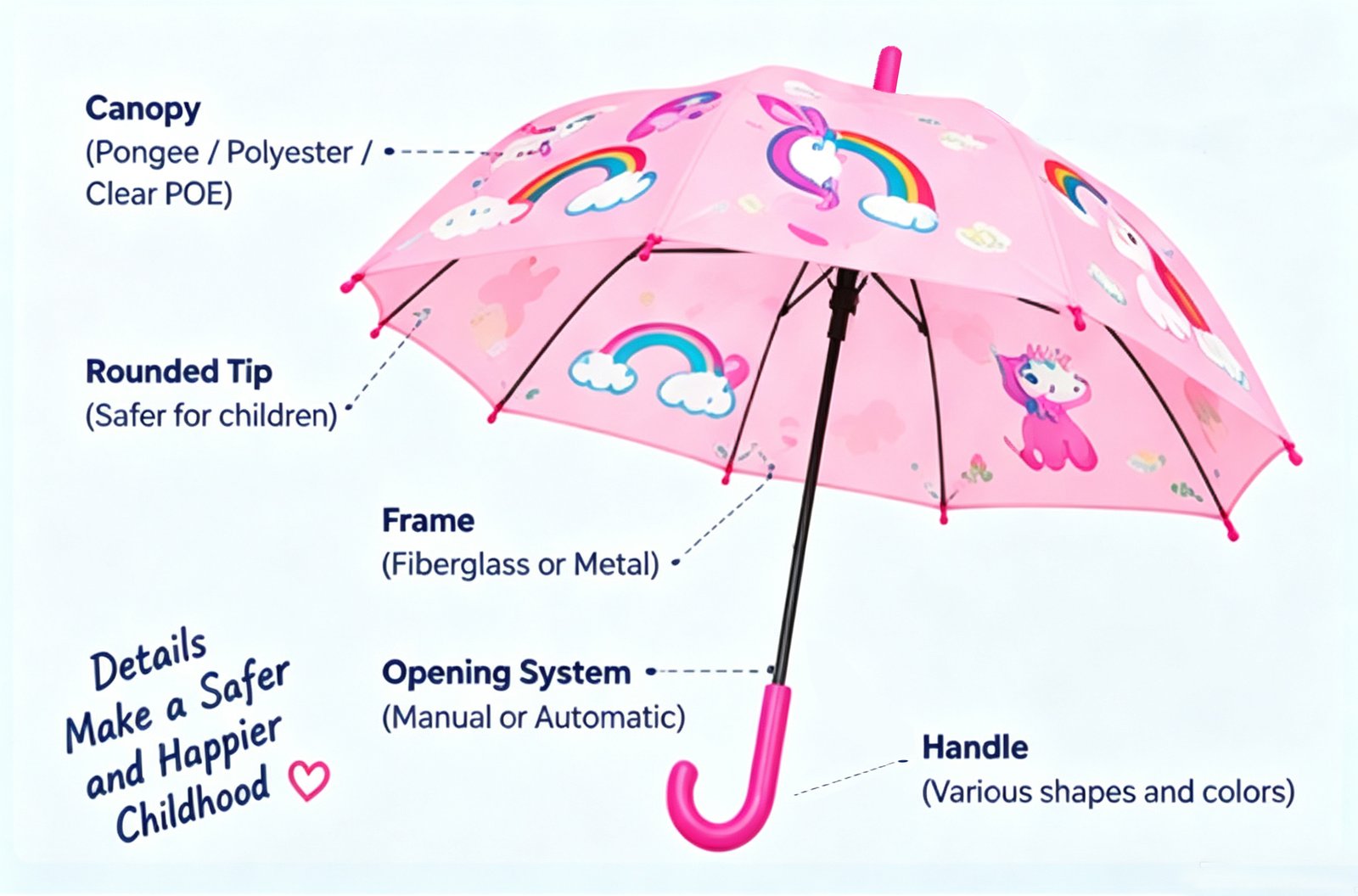 Kids umbrella structure and customization options