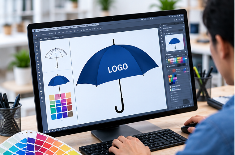 Illustration of umbrella logo artwork on a computer screen
