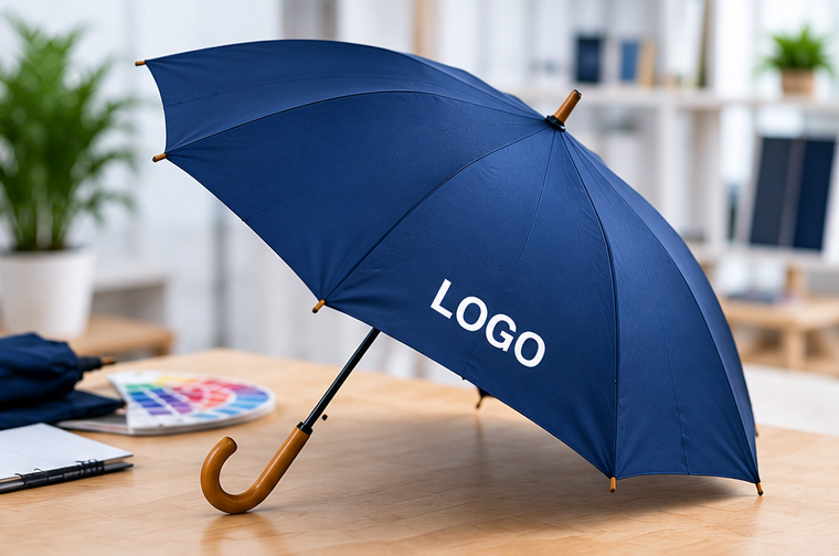 Illustration of a navy umbrella sample with logo and wooden handle
