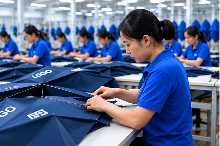 Illustration of umbrella production and fabric quality checks