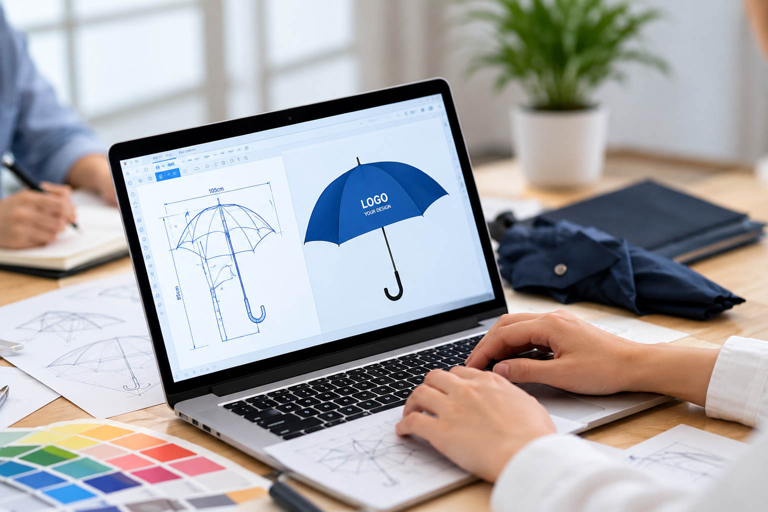 Illustration of umbrella project specifications on a laptop