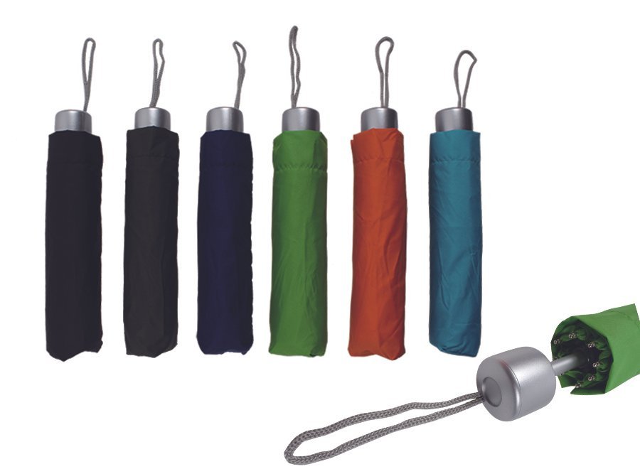 Compact folding umbrellas in assorted colors with wrist straps