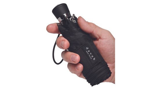 Compact black mini umbrella held in one hand