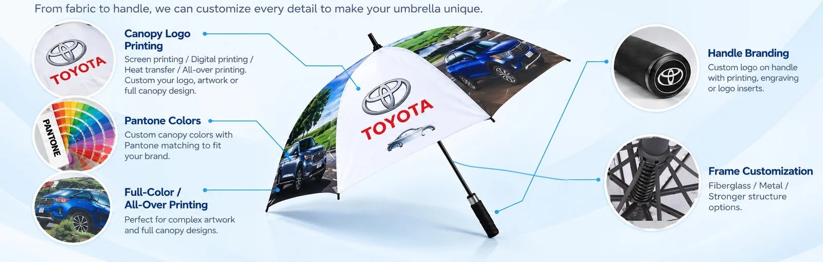 Toyota umbrella customization options for canopy printing, handle branding, colors and frame